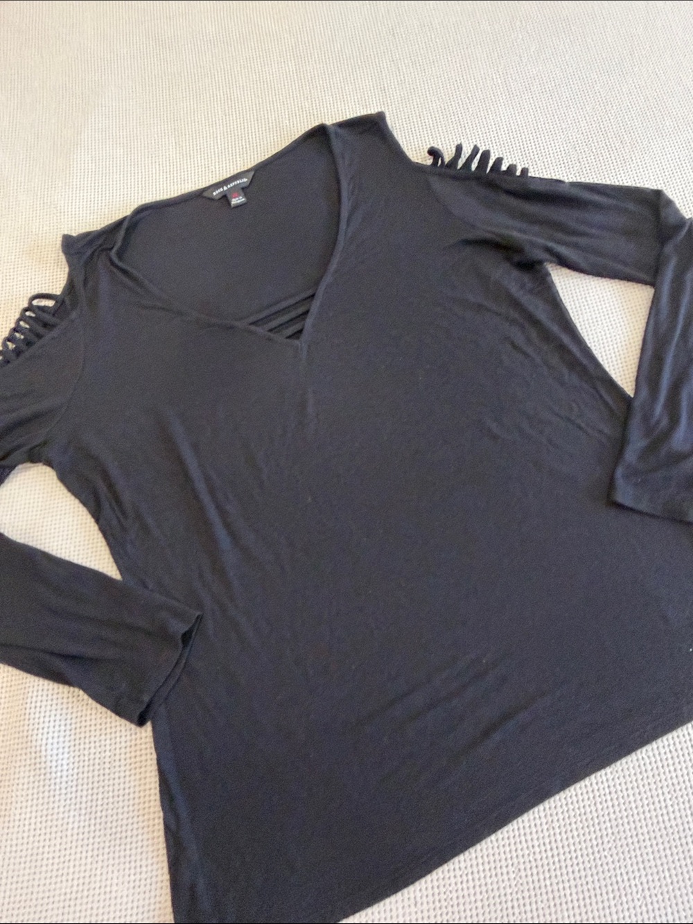 Rock & Republic Black Long-Sleeve V-Neck Top with Shoulder Strap Details